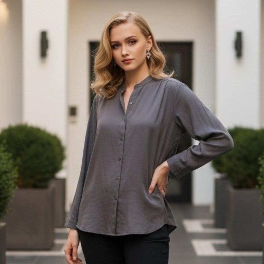 Lords & Taylor M Gray 100% Silk Vintage Y2K Shirt Women's‎ Medium Dark Academia